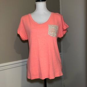 P.S. Kate Neon Coral Crochet Pocket Tee